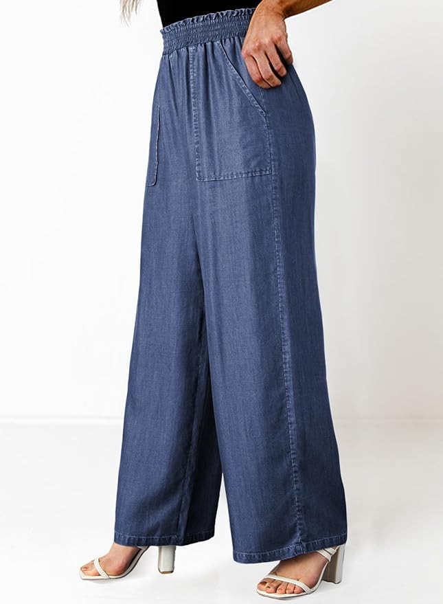 Dokotoo Womens Ruffled Smocked High Waist Slant Pocket Straight Tencel Denim Jeans Summer Lightweight Pants