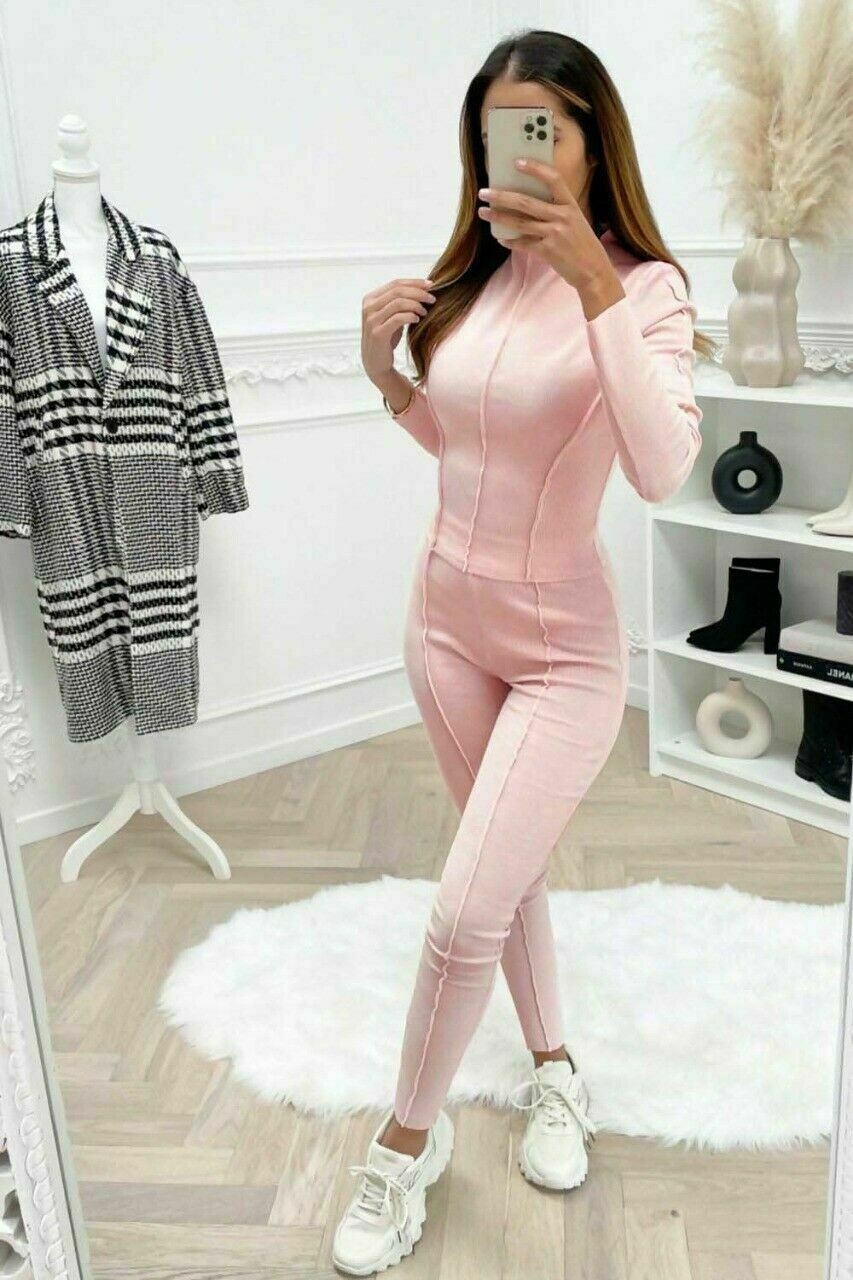 Ladies Womens Overlock Ribbed Top Leggings 2 piece Loungewear Tracksuit Set