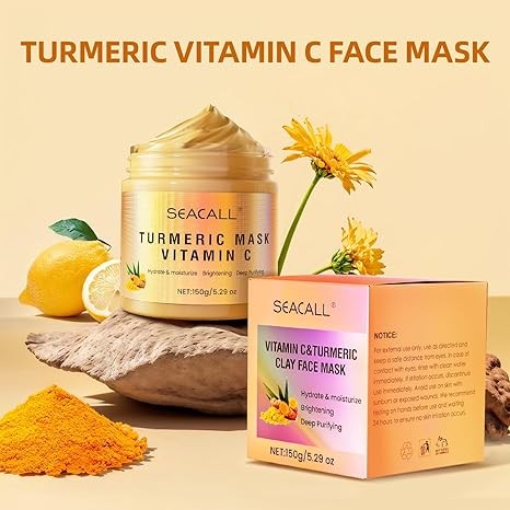 Seacall Turmeric Vitamin C Face Mask with Vitamin C, E and Aloe Vera For Radiant Skin Pore Refining, Blemish Targeting, Deep Moisturizing （5.29 oz）
