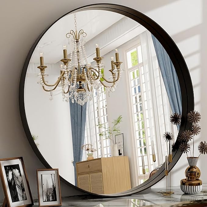Easly 32 Inch Round Bathroom Mirror - Wall Mounted Circle Mirror with Metal Frame, Modern Mirror Suitable for Bathroom, Vanity, Entryway, Living Room, Wall Decor,Black
