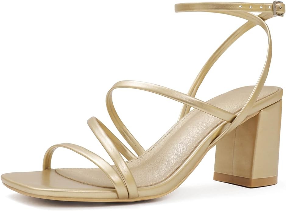 LACUONE Strappy Heels for women Block Heels Square Toe Chunky Ankle Buckle Pump Heeled Sandals (9,A-Gold)