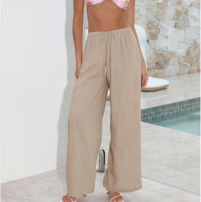 Duyang Womens Cotton Linen Palazzo Pants Drawstring Elastic Waist Casual Wide Leg Trousers with Pockets