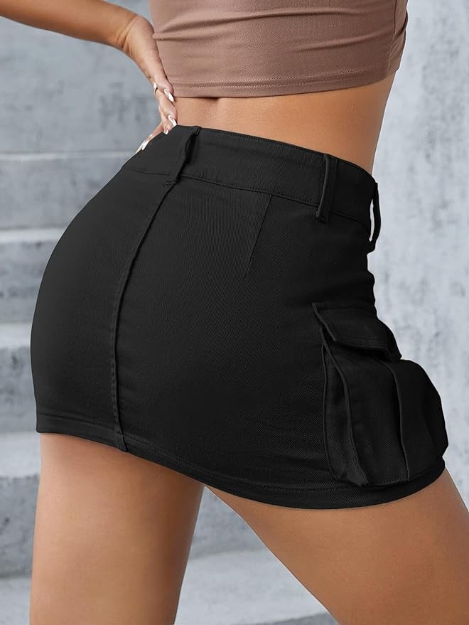 EARKOHA Women's Mini Cargo Skirt Y2K Low Waist Button Short Skirt Bodycon Denim Jean Skirt with Flap Pockets