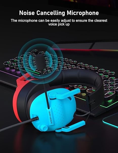 SENZER SG500 Surround Sound Pro Gaming Headset with Noise Cancelling Microphone - Soft Memory Foam Padding - Portable Foldable Headphones for PC, PS4, PS5, Xbox One, Switch - Red&Blue