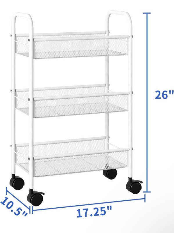 3 Tier Metal Rolling Storage Cart, Utility Organizer Storage Shelves, 4 Wheels