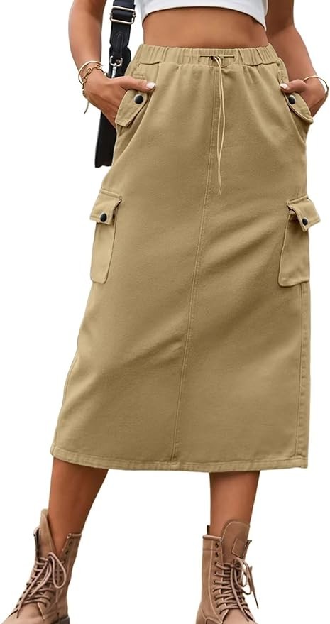 Dokotoo Women's Drawstring Waist Flap Pocket Cargo Skirt Back Slit Midi Skirt