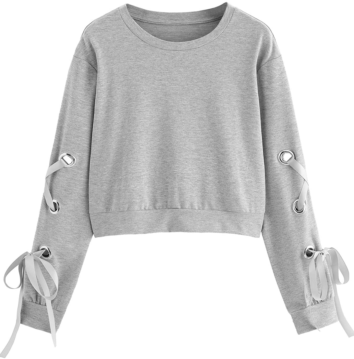 SweatyRocks Women's Casual Lace Up Long Sleeve Pullover Crop Top Sweatshirt