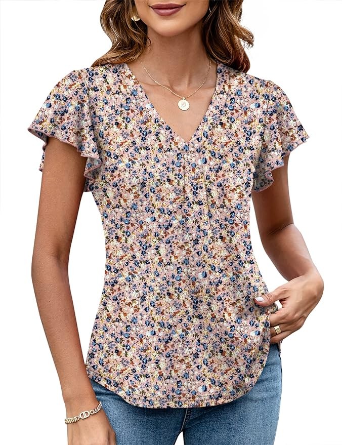 LOMON Womens Tops Dressy Casual Summer Flutter Sleeve T-Shirts Ruffle Short Sleeve Loose V Neck Tunic Tops