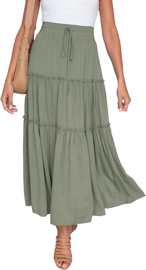HAEOF Women's Boho Elastic High Waist A Line Ruffle Swing Beach Maxi Skirt with Pockets