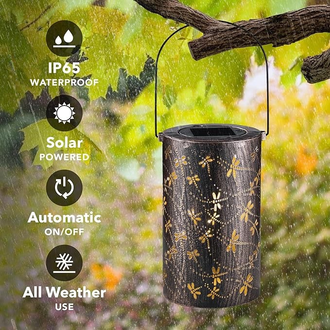 Set of 2 Solar Lanterns Outdoor Hanging Lantern Lights, 3D-Dynamic Dragonfly Hollowed-Out Metal Decor Lantern, Waterproof LED Decorative Garden Light for Patio, Yard, Pathway, Landscape
