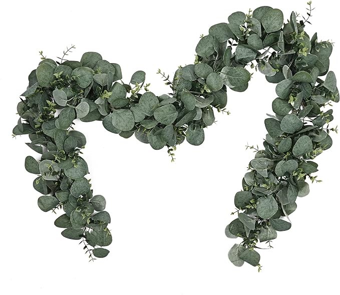 MARTINE MALL 2 Pcs Artificial Eucalyptus Garland, 12 Ft Fake Greenery Garland, Faux Silver Dollar Eucalyptus Leaves Garland for Table Backdrop Arch Wall Weeding Party Home Decor, Grey Green