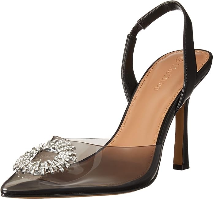 Staples by The Drop Heel measures approximately 3.7" inches Smooth Faux Leather Transparent Pointed Toe Padded Footbed Rhinestone Embelishment