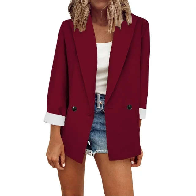 Outfmvch blazer jackets for women casual blazer solid color suit collar long sleeve loose suit womens tops navy