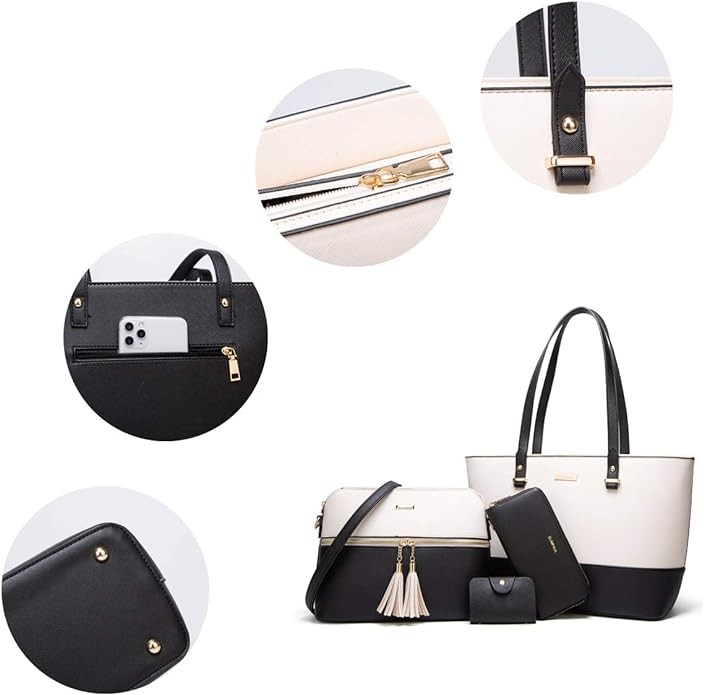 Women Fashion Synthetic Leather Handbags Tote Bag Shoulder Bag Top Handle Satchel Purse Set 4pcs