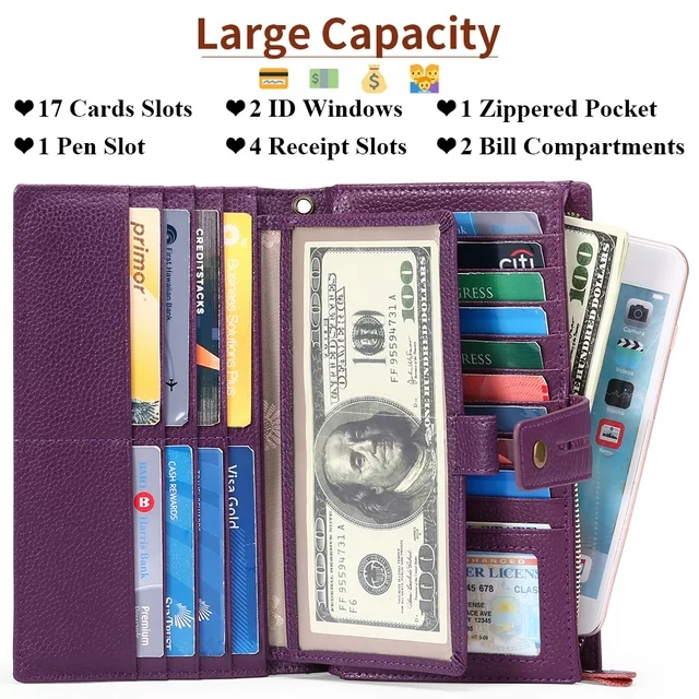 Sendefn Women Wristlet Wallets Large Capacity RFID Blocking Leather Wallets Credit Cards Organizer with Checkbook Holder