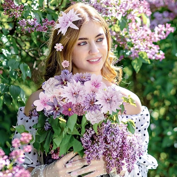 LACGO 48 PCS Artificial Flowers Heads - Fake Daisy Heads Bulk Silk Faux Rose DIY Cake Decor Blossom Garland Wreath Bouquets Crafts for Wedding Bridal Baby Shower Home Party Decoration(Purple)