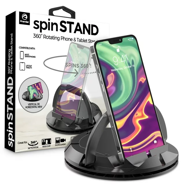 Premier 360° Spin Stand Universal Rotating Phone and Tablet Stand for Home, Office, Black