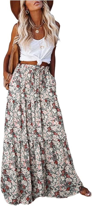EARKOHA Womens Casual High Waist Tiered Paisley Print Long Maxi Skirt with Pockets