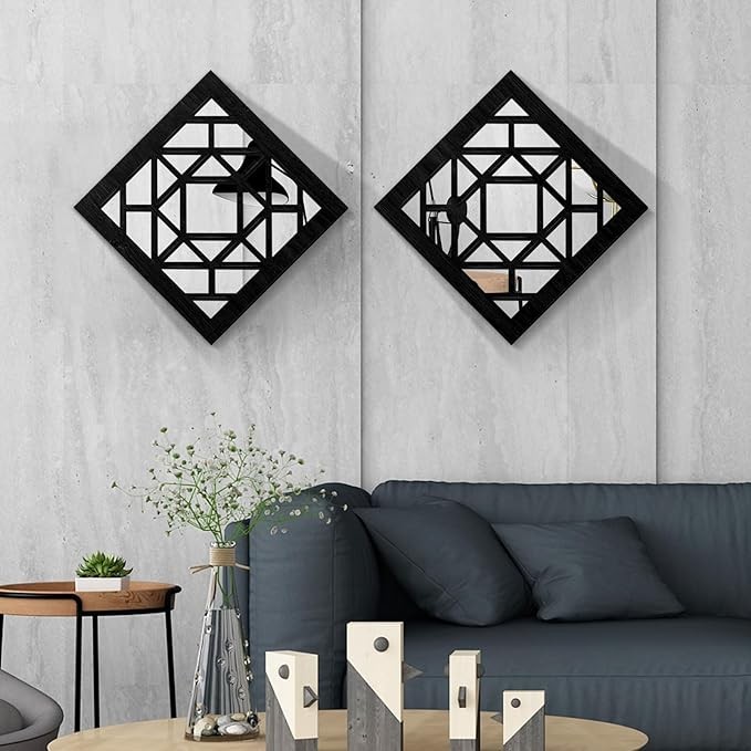 KOYILTD 2 PCS Square Wall Mirror,Rustic Farmhouse Wall Mirrors,12 inch Small Mirror Art (style1 Black)