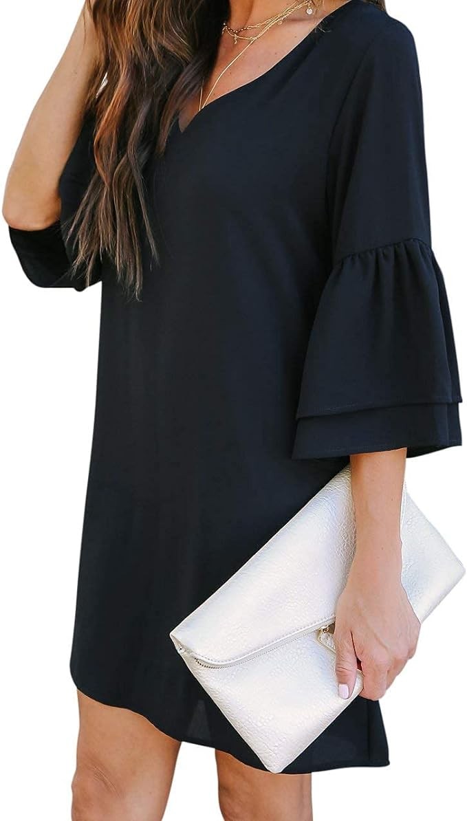 BELONGSCI Women's 2024 Summer Dress Sweet & Cute V-Neck Bell Sleeve Shift Dress Mini Dress, Perfect for Wedding or Graduation