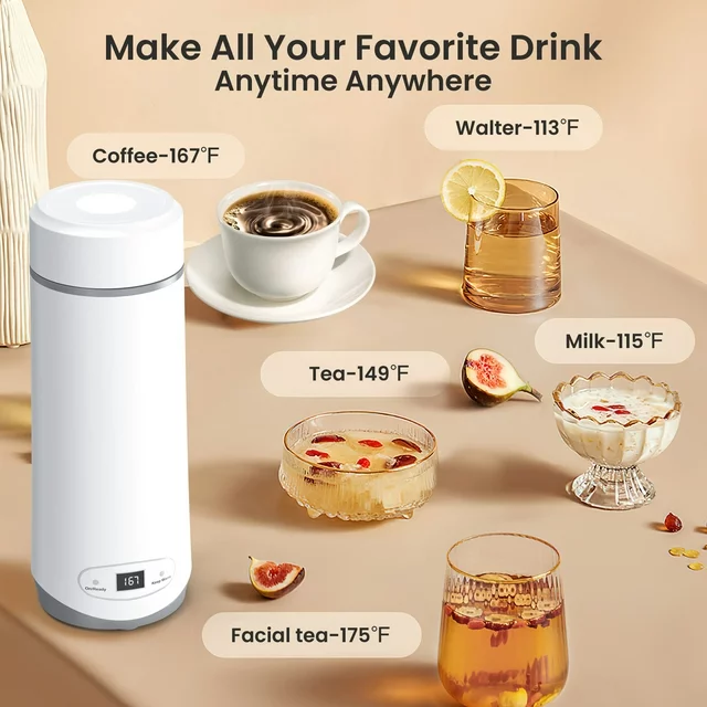 VAVSEA Travel Electric Kettle, Small Portable Tea Coffee Kettle, Hot Water Boiler with 8 Temperature Control, 304 Stainless Steel,White