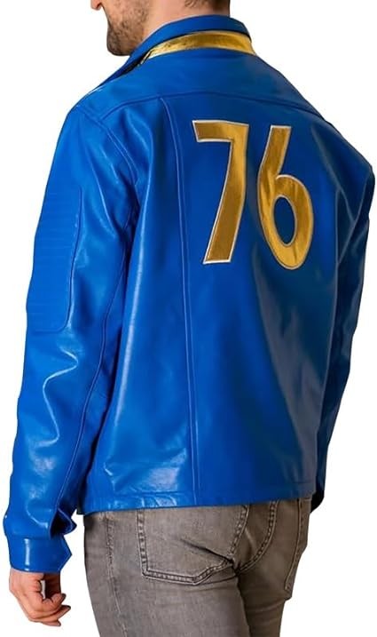 Trendsfort REAL LEATHER Mens Fall-Out Vault 76 Leather Jacket - Fall out Vault Jacket - Casual Blue Leather Jacket
