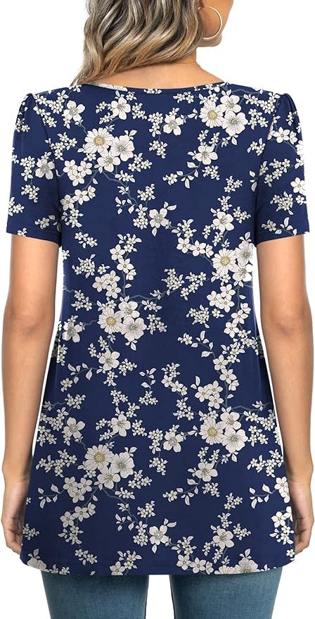 Anymeet 2024 Women's Summer Tunic Top Short Sleeve Casual Tshirts Pleated Loose Blouses for Leggings