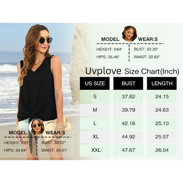 Uvplove Womens Tie Front Chiffon Blouses V Neck for women Sleeveless Summer Tops Shirts,US