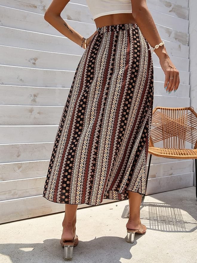 Verdusa Women's High Split Tribal Print Striped Boho Elastic Waist Long Skirt