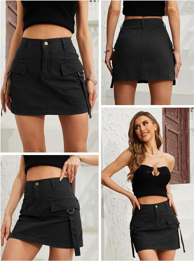 Low Waist Cargo Skirt Women Button Mini Cargo Denim Skirt with Pocket