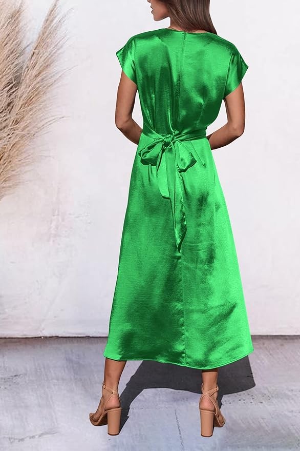 PRETTYGARDEN Women's 2024 Summer Satin Midi Dress Cap Sleeve Tie Waist Elegant A-Line Flowy Dresses