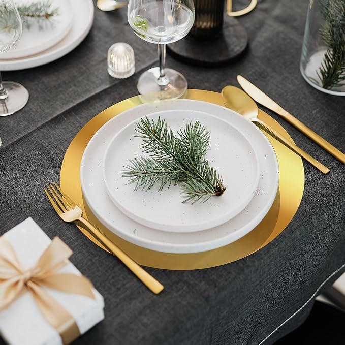 KesaPlan 50PCS Round Gold Placemats, 13" Disposable Paper Placemats for Dining Table, Mirrored Gold Charger Place Mat for Kitchen Banquet Table Setting Wedding Birthday Dinner Party