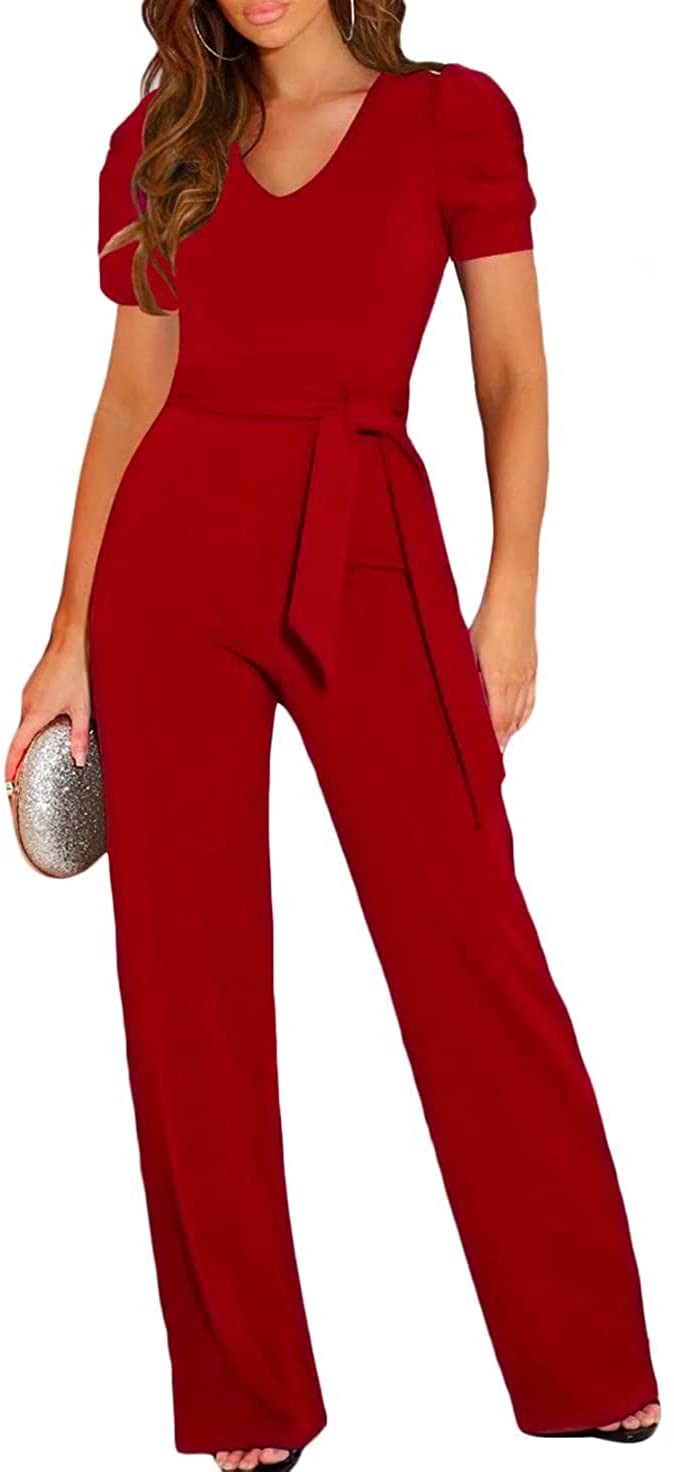 BLENCOT Womens Jumpsuit Short Sleeve Casual v Neck Belted Wide Leg Formal Romper