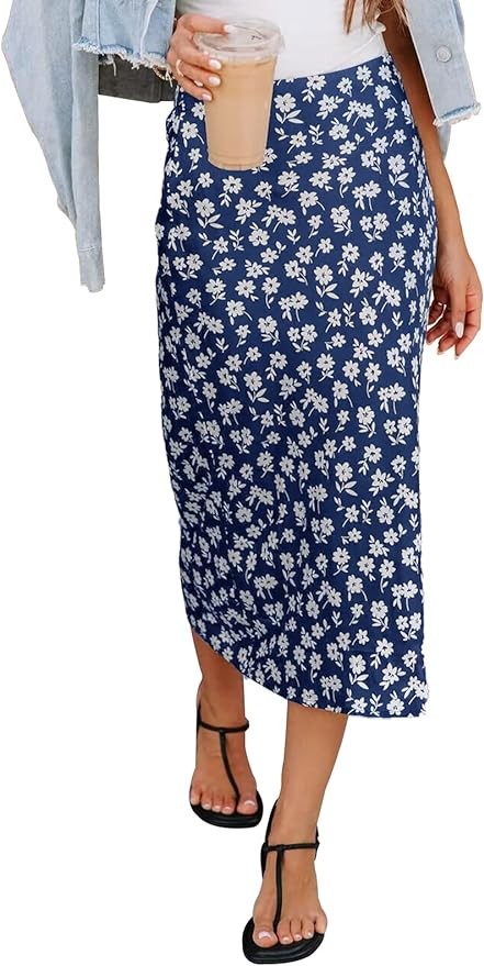 HERBATOMIA Women’s Floral Print Midi Skirt Casual High Elastic Waist Zipper Vintage Long Boho Skirts for Women