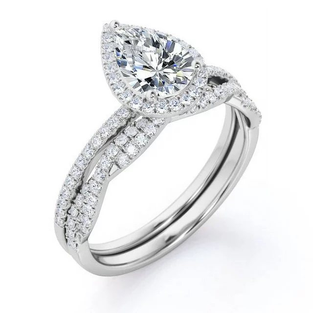 JeenMata 1.25 Carat pear cut Moissanite and Diamond Halo Bridal Wedding Ring Set in 10k White Gold