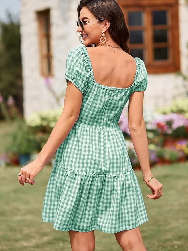 ZAFUL Women's Casual Plaid Mini Dress Scoop Neck Short Puff Sleeve Sundress A-Line Flowy Summer Dresses