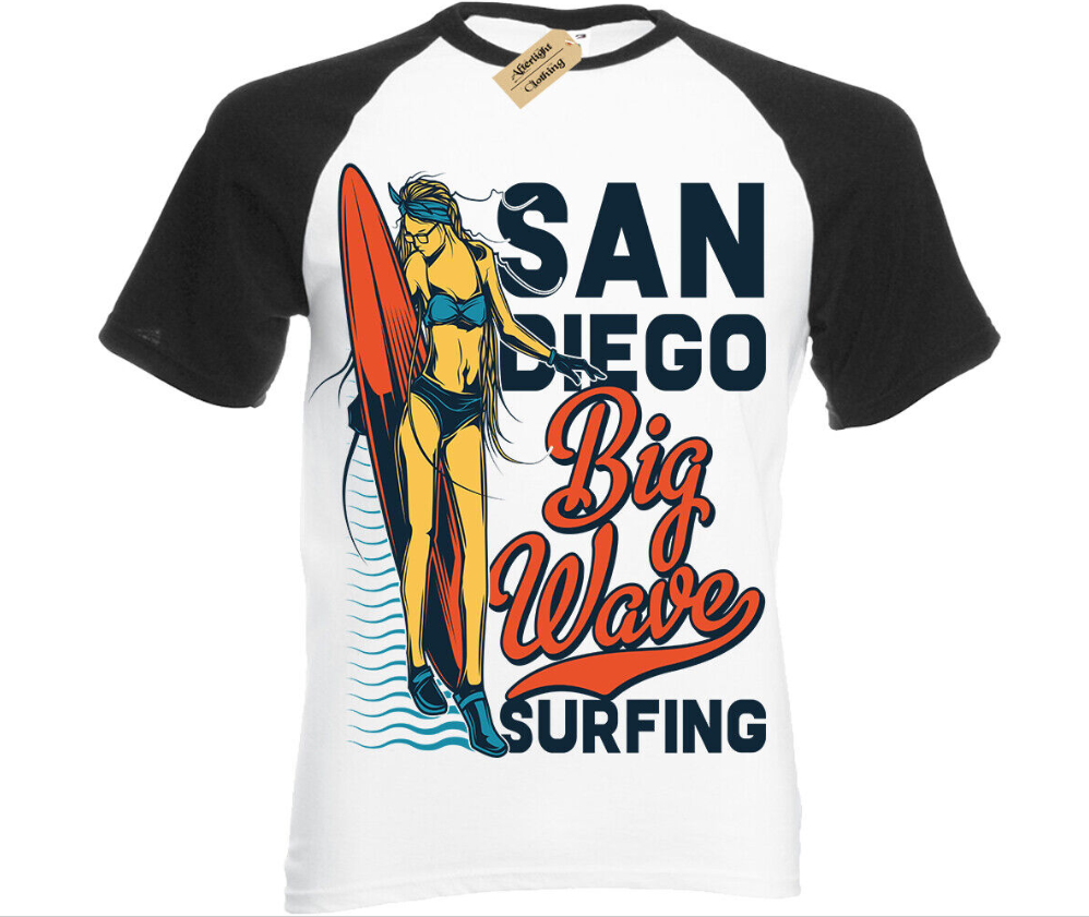 San Diego Big Wave Surfing T-Shirt Mens surf beach surfers Short Sleeve Baseball
