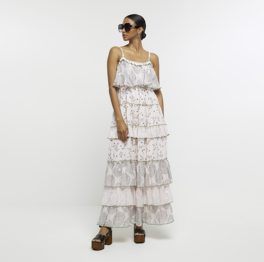River Island Womens Maxi Dress Pink Tiered Abstract Print Sleeveless