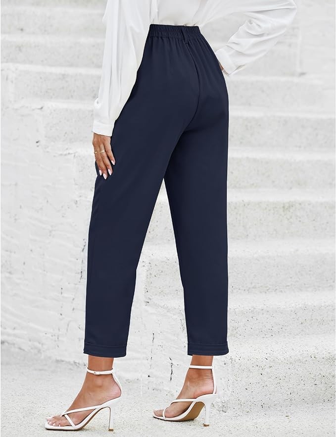 GRAPENT Capri Dress Pants for Women High Waisted Pleated Lightweight Straight Leg Elastic Wasit Crop Trousers Work Pants